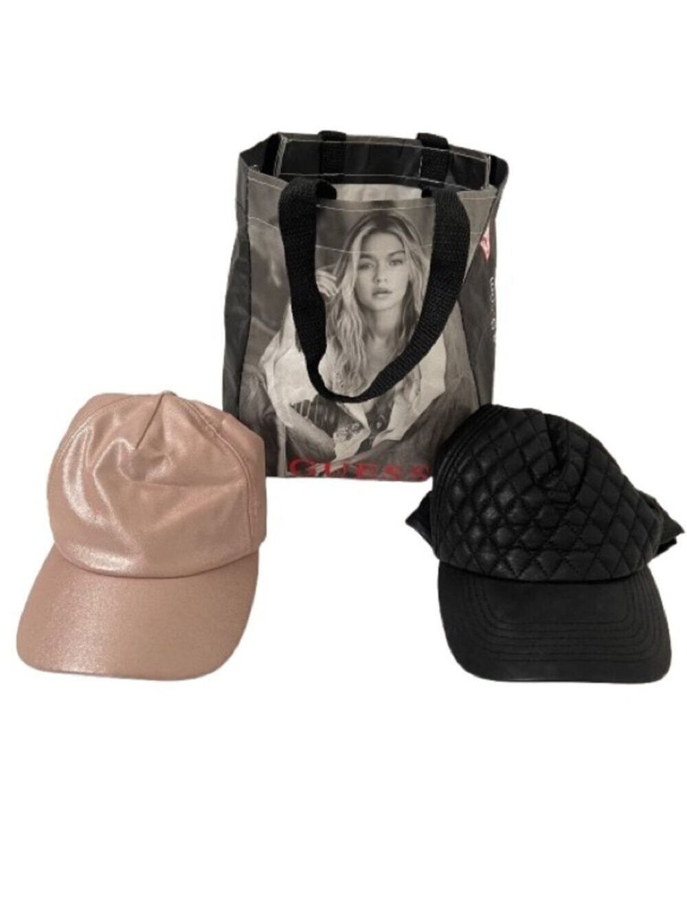 Women’s GUESS Pink Metallic & Black Faux Leather Hat Set Bundle!